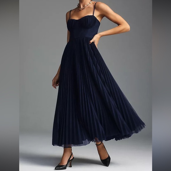 Anthropologie Dresses & Skirts - Anthropologie Hutch Amara Corset Pleated Tulle Fit & Flare Midi Dress in Navy